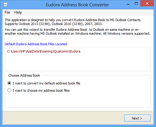 Eudora Address Book to Outlook Importer screenshot