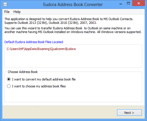 Eudora Address Book to Outlook Importer Screenshot